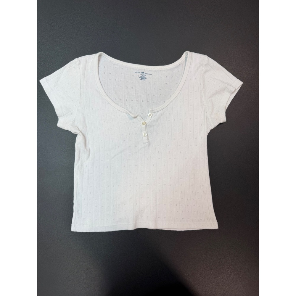 Brandy Melville White‎ Pointelle Henley Short Sleeve Crop Top Cotton Slim Fit